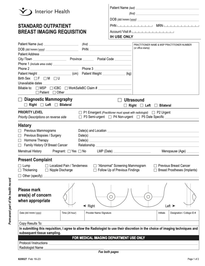 Interior Health Authority Standard Outpatient Breast Imaging