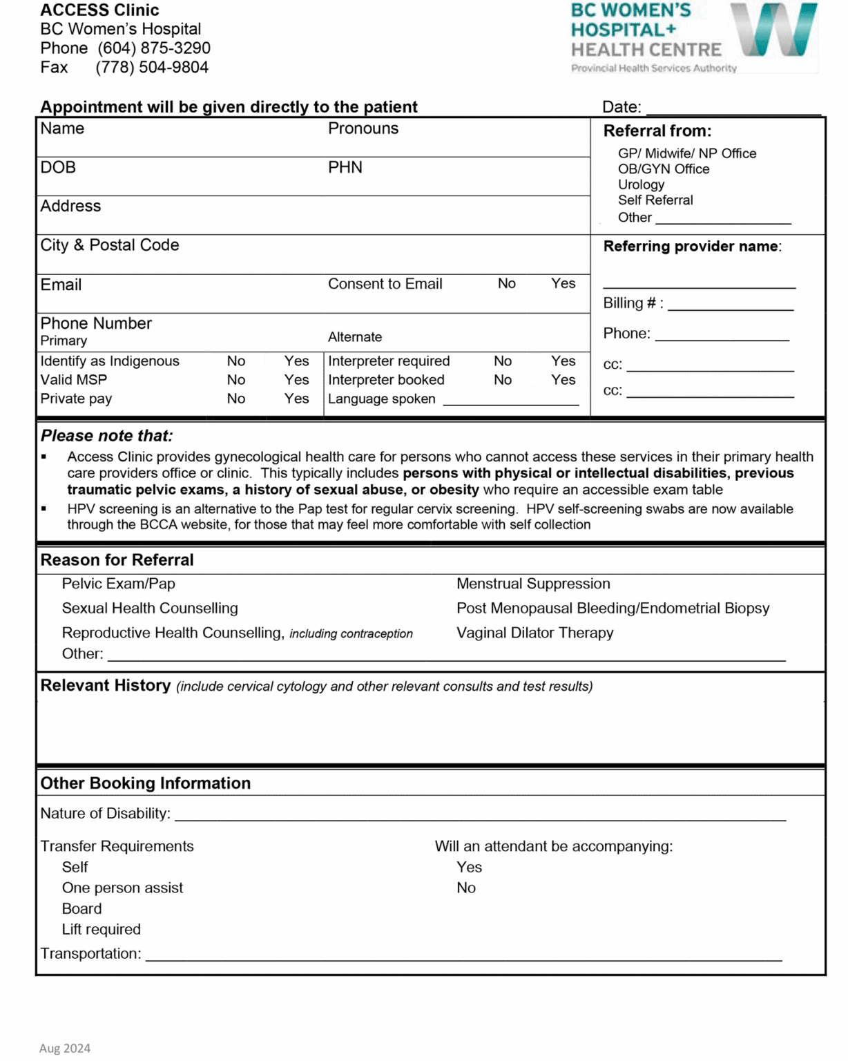 BCWH Access Clinic Referral 2021 – The Oscar Galaxy