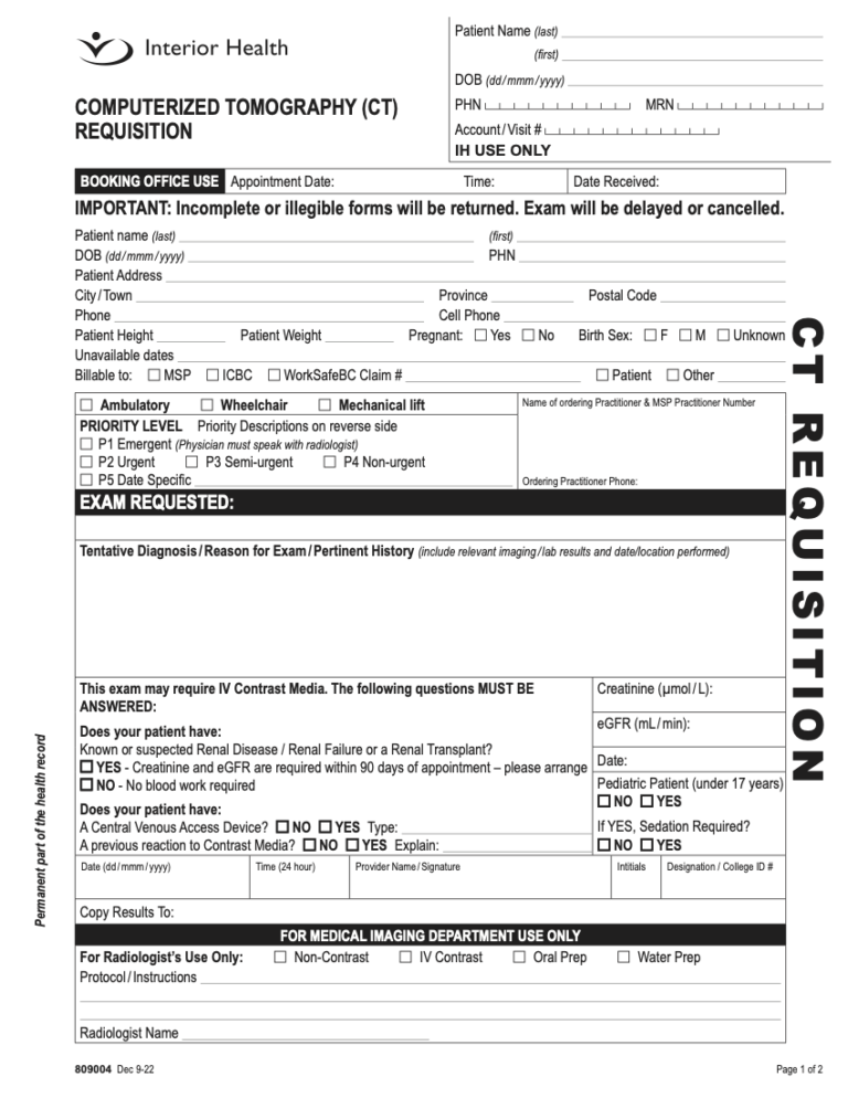 Interior Health CT Requisition – The Oscar Galaxy