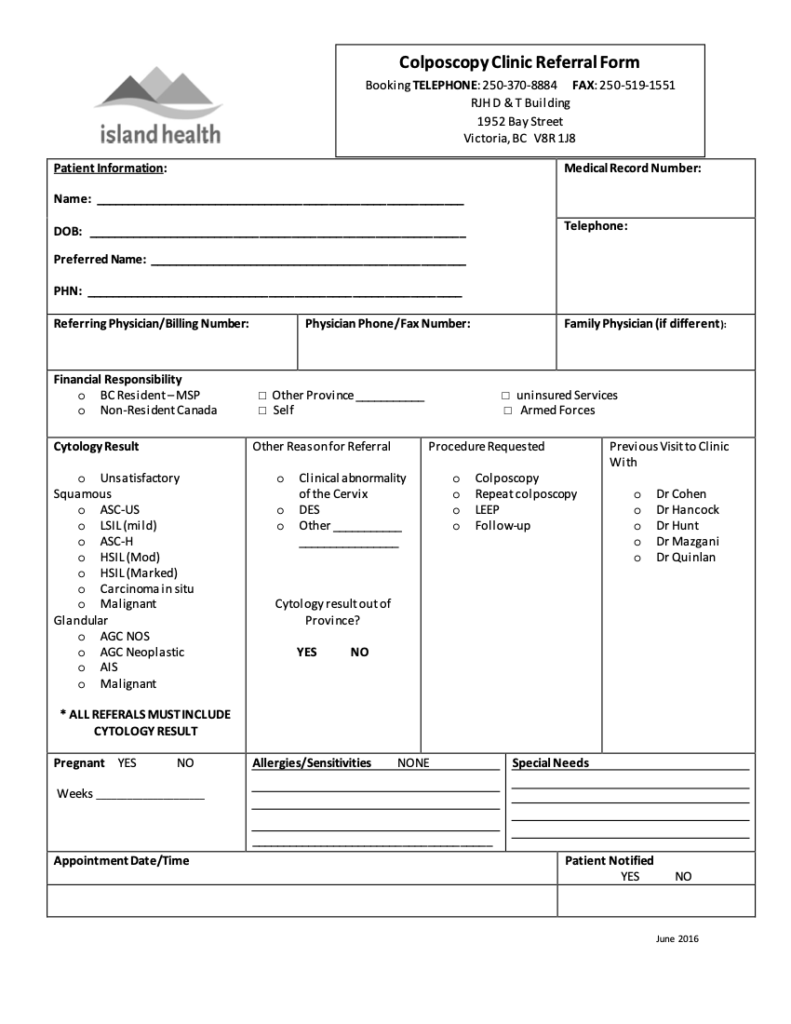 VIHA Island Health Colposcopy Clinic Referral EFORM – The Oscar Galaxy