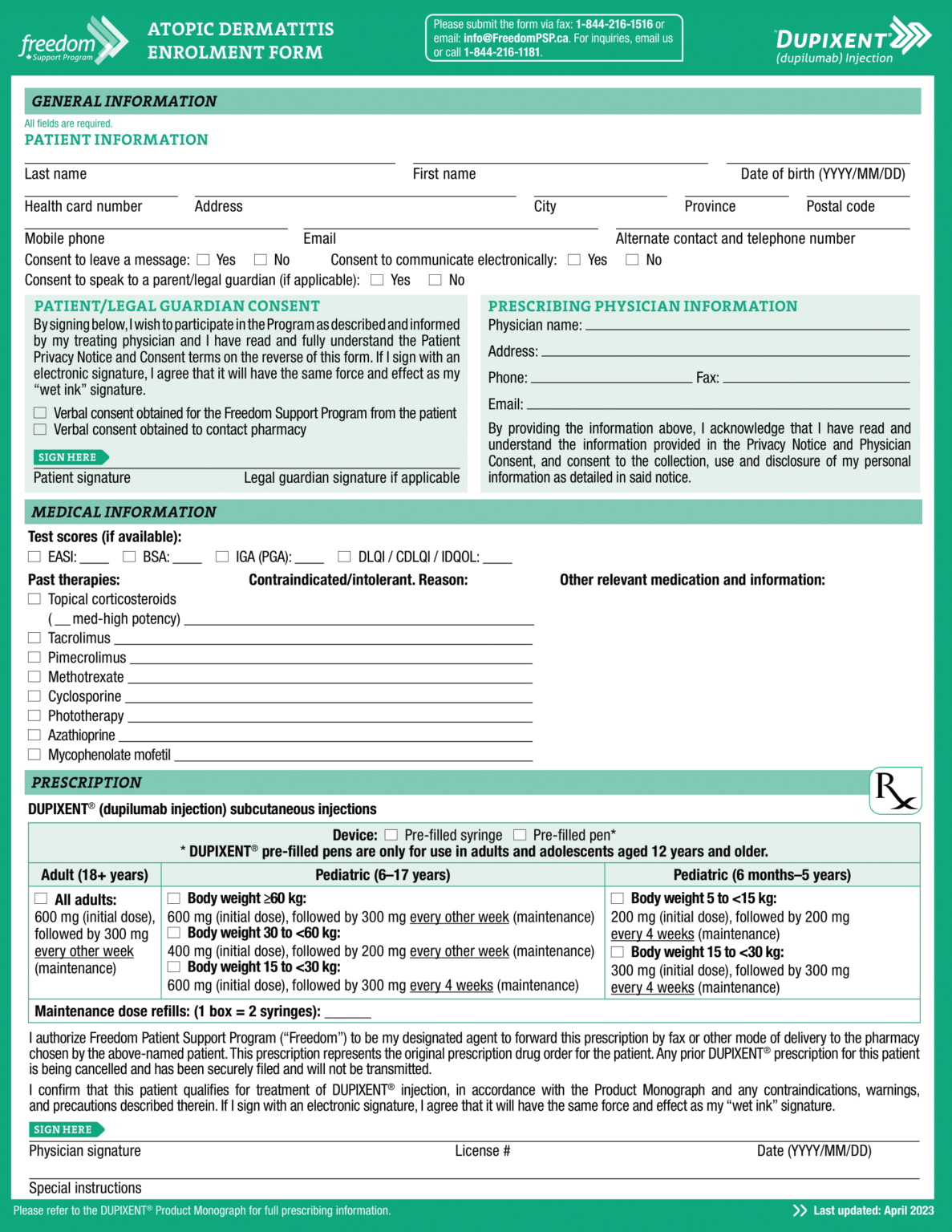 Dupixent (dupilumab) PSP Atopic Derm Enrolment Form CA EN 2023 The