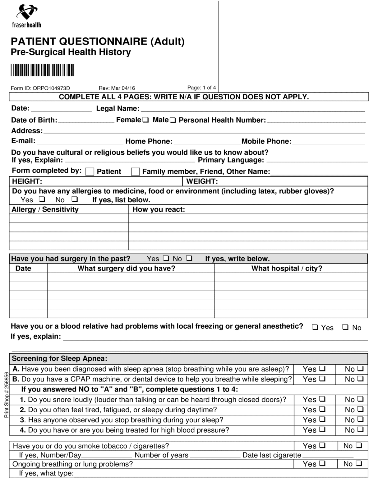 Fraser Health Pre Op Patient Questionnaire – The Oscar Galaxy