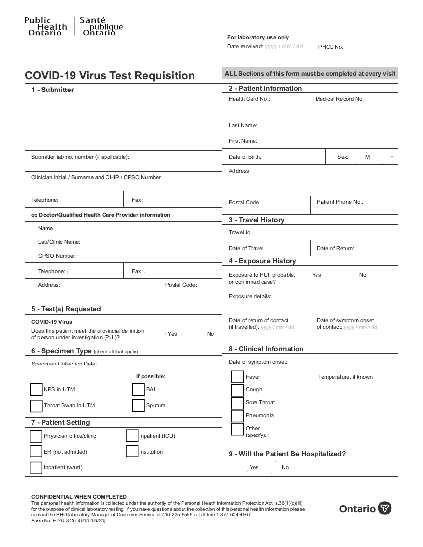 Public Health Ontario COVID-19 Virus Test Requisition