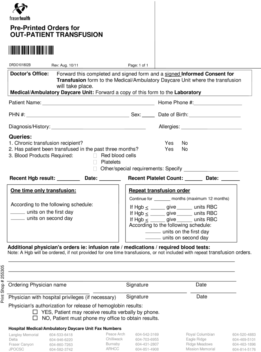 Fraser Health Outpatient Transfusion Requisition