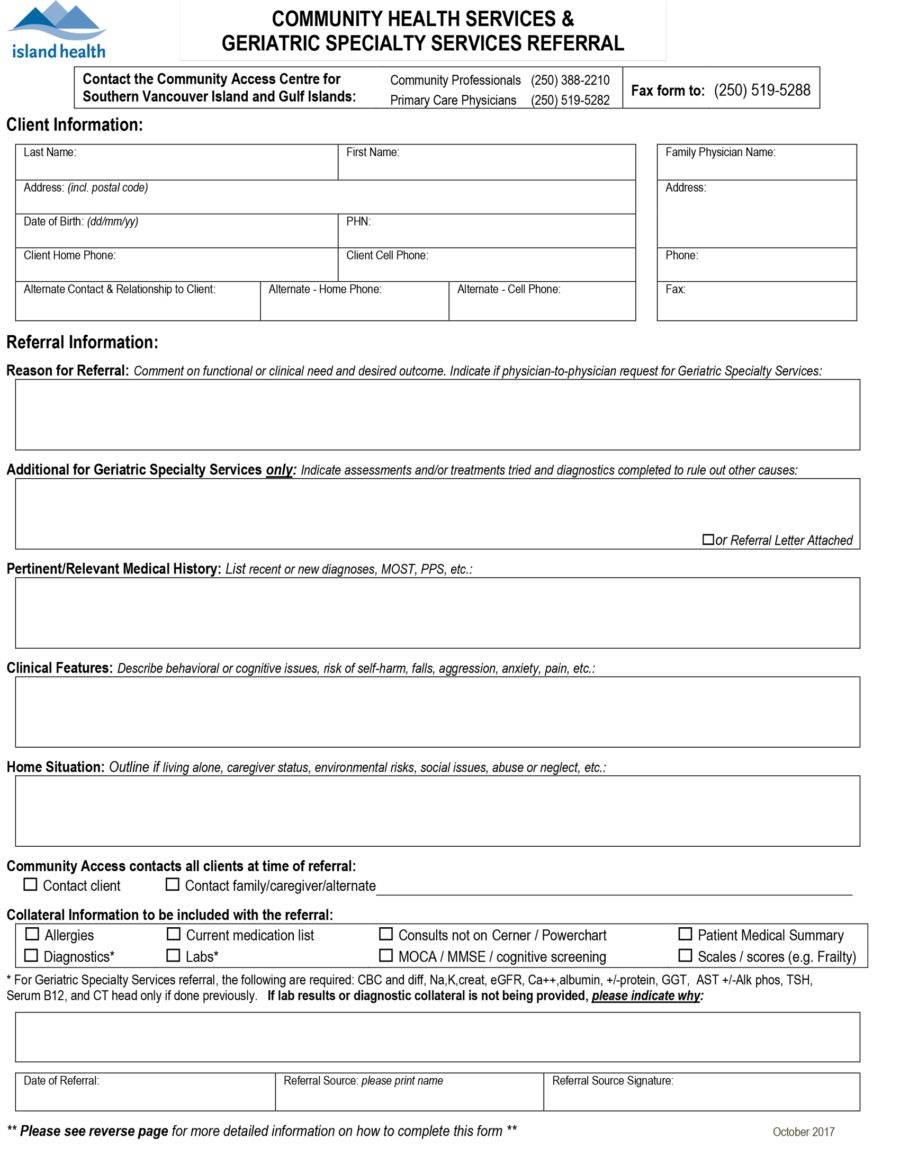 Vancouver Island Health's Community Access Centres referral form 2018