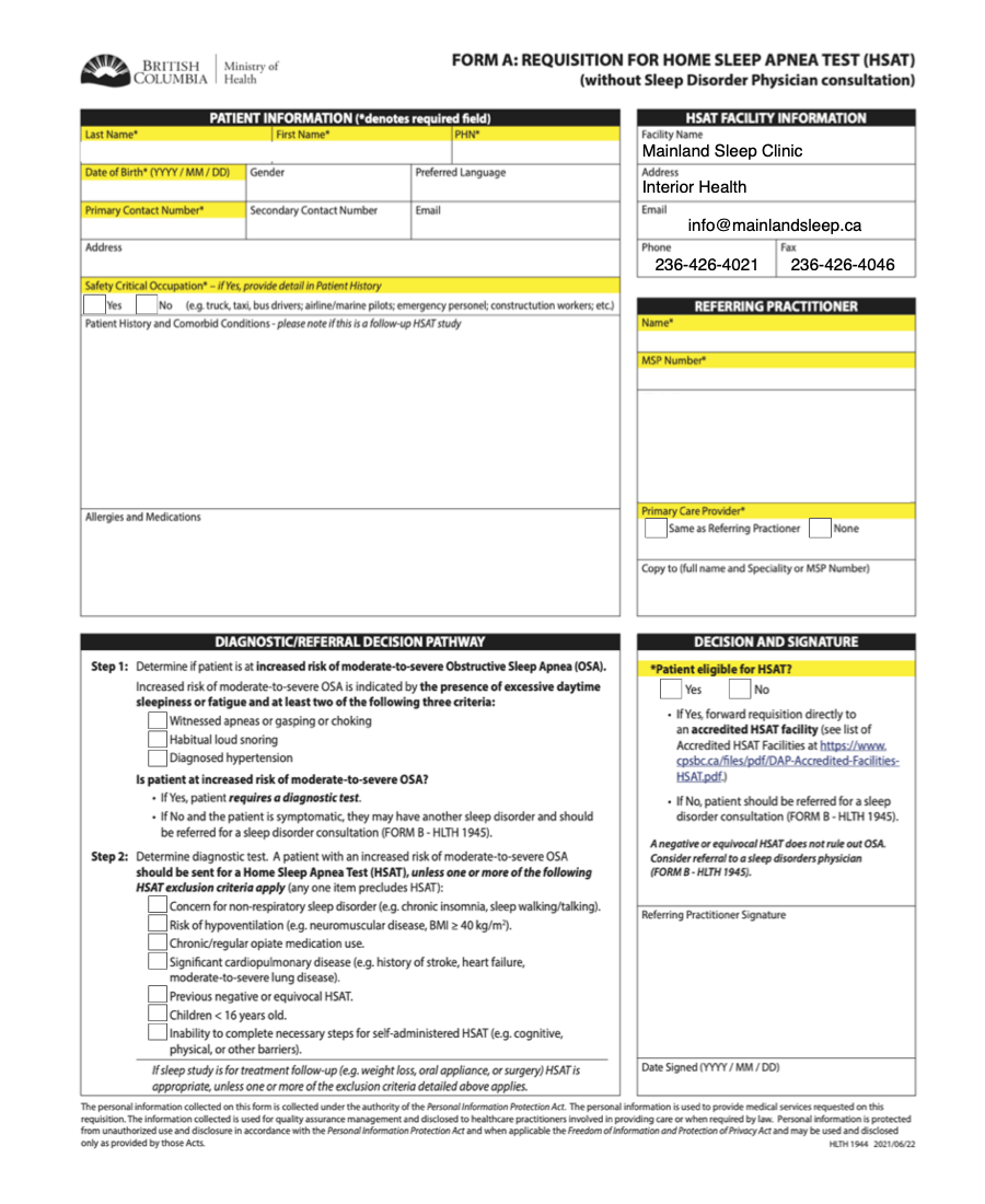 Mainland Sleep Clinic - HSAT for Interior Health eFORM