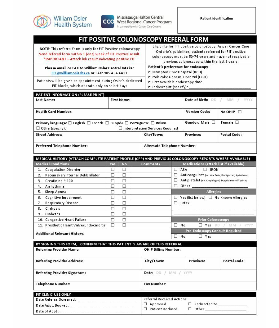 William Osler Health System FIT Positive Colonoscopy Referral form