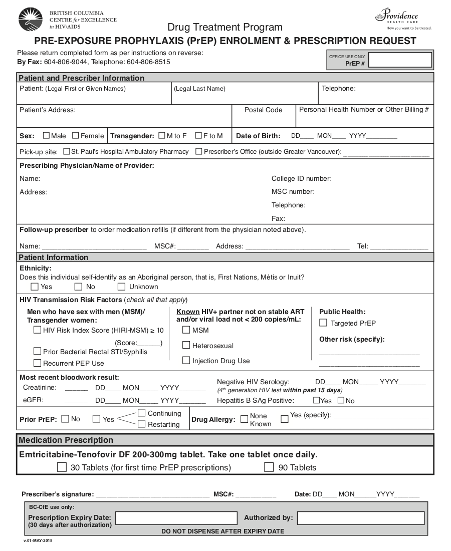 Pre-Exposure Prophylaxis (PrEP) HIV prevention drug request and enrolment forms
