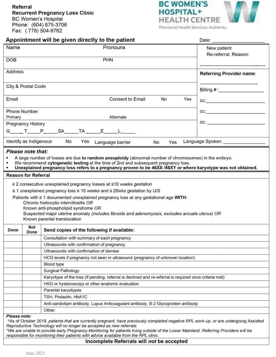 British Columbia Women's Hospital Referral Form for Recurrent Pregnancy Loss circa September 2020