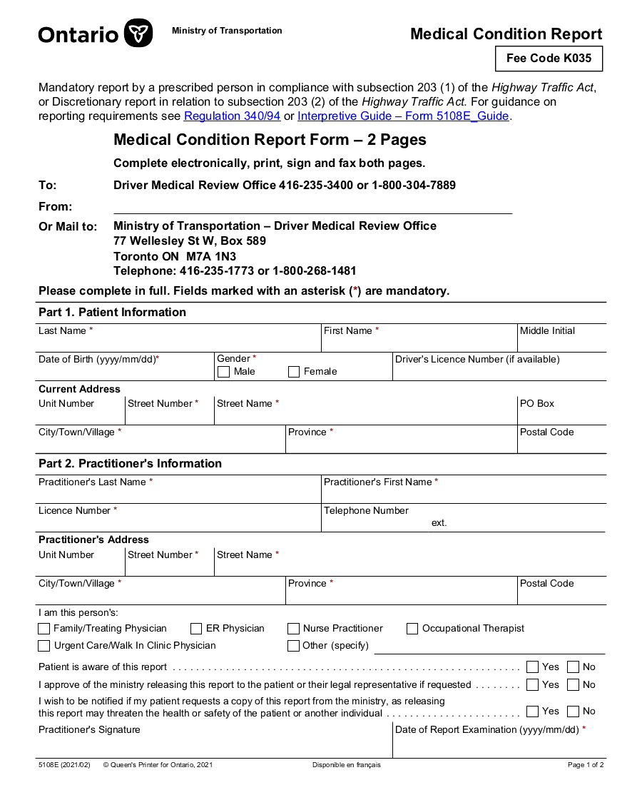 MOT medical condition reporting form (2023)