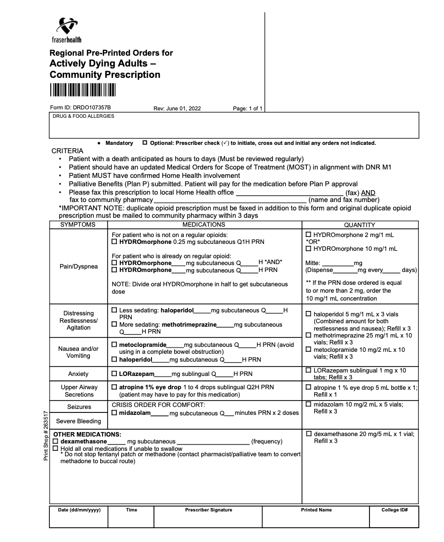 FHA Pre-Printed Orders for Actively Dying Adults - Community Prescription