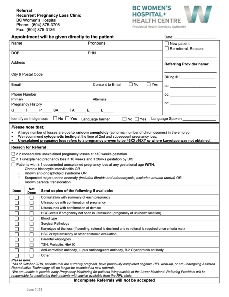 British Columbia Women's Hospital Referral Form for Recurrent Pregnancy Loss circa September 2020