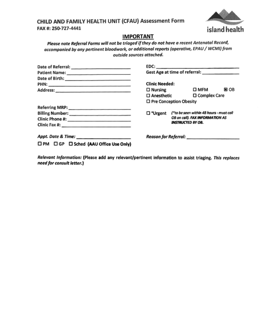 Island Health - Child and Family Health Unit Assessment Form 2018