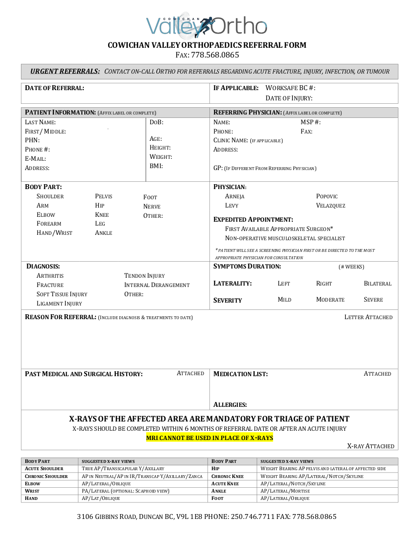 Cowichan Valley Orthopaedics Referral Form