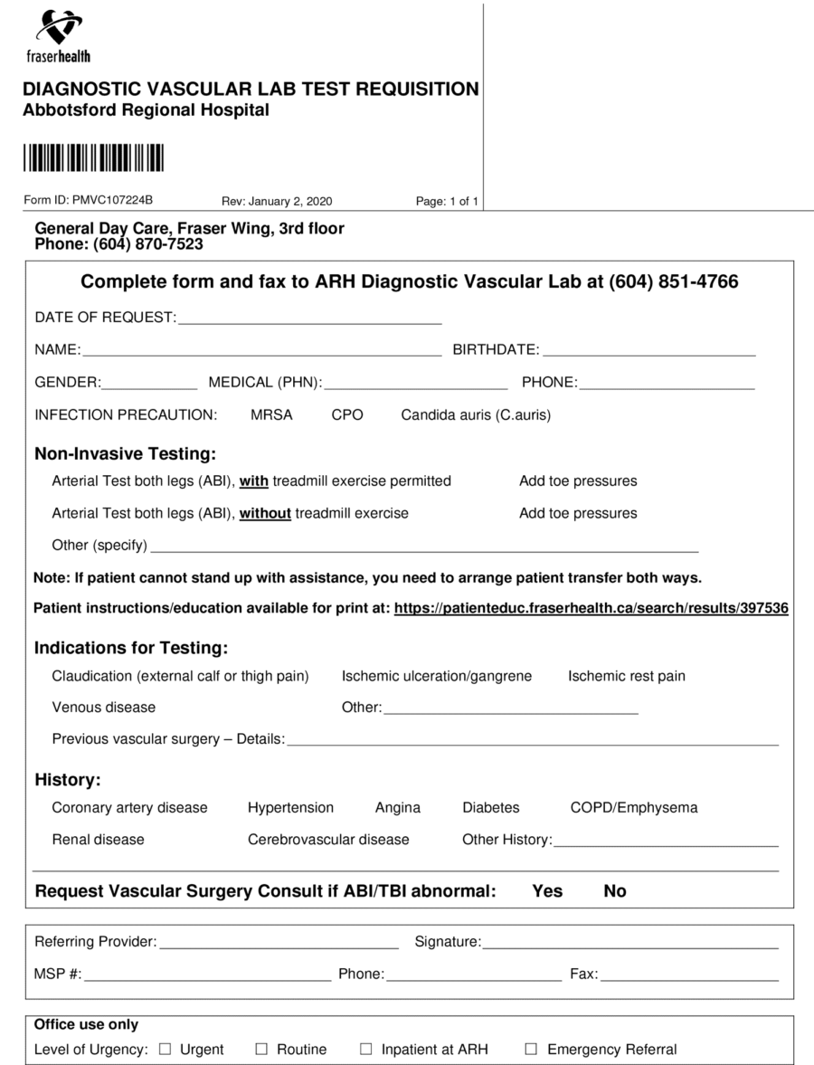 Diagnostic Vascular Lab Test Requisition Abbotsford Regional Hospital 2020