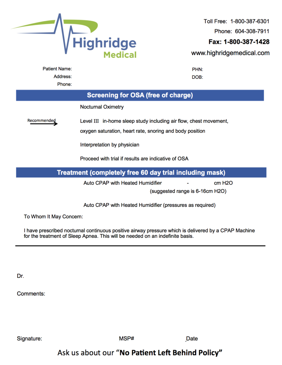 Highridge Medical Sleep Apnea Oxygen referral 2018