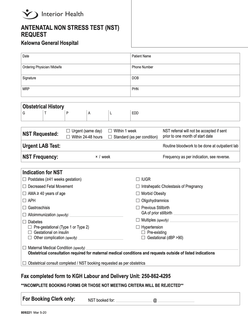 Interior Health Antenatal Non Stress Test (NST) Requisition Kelowna Hospital