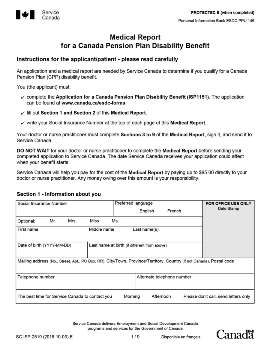 Medical Report for a Canada Pension Plan Disability Benefit 2018