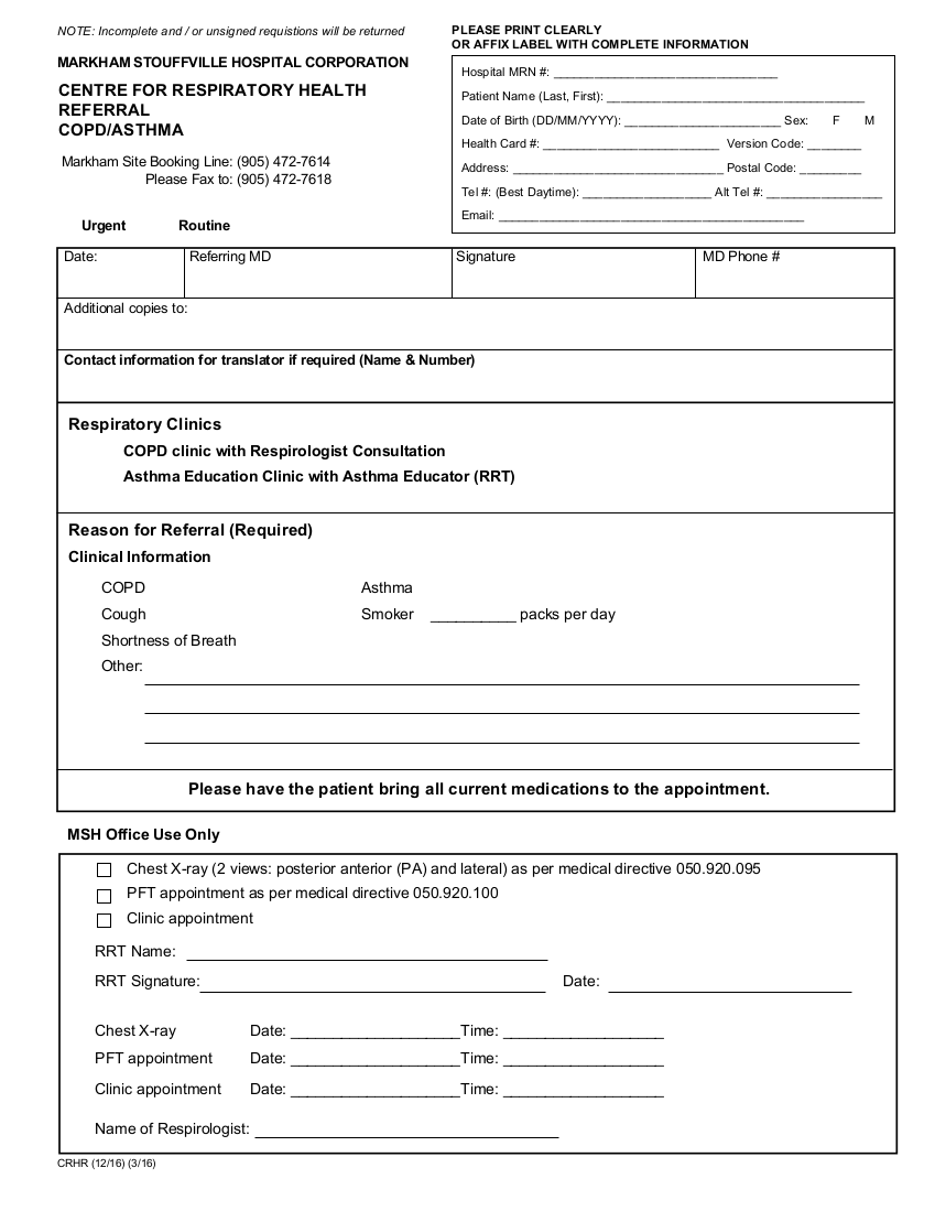 COPD Asthma referral form for Markham Stouffville Hospital