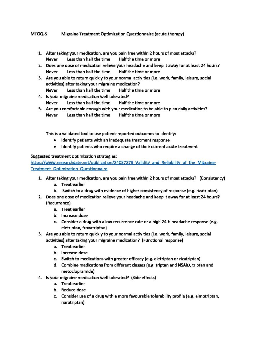 MTOQ-5	Migraine Treatment Optimization Questionnaire (acute therapy)