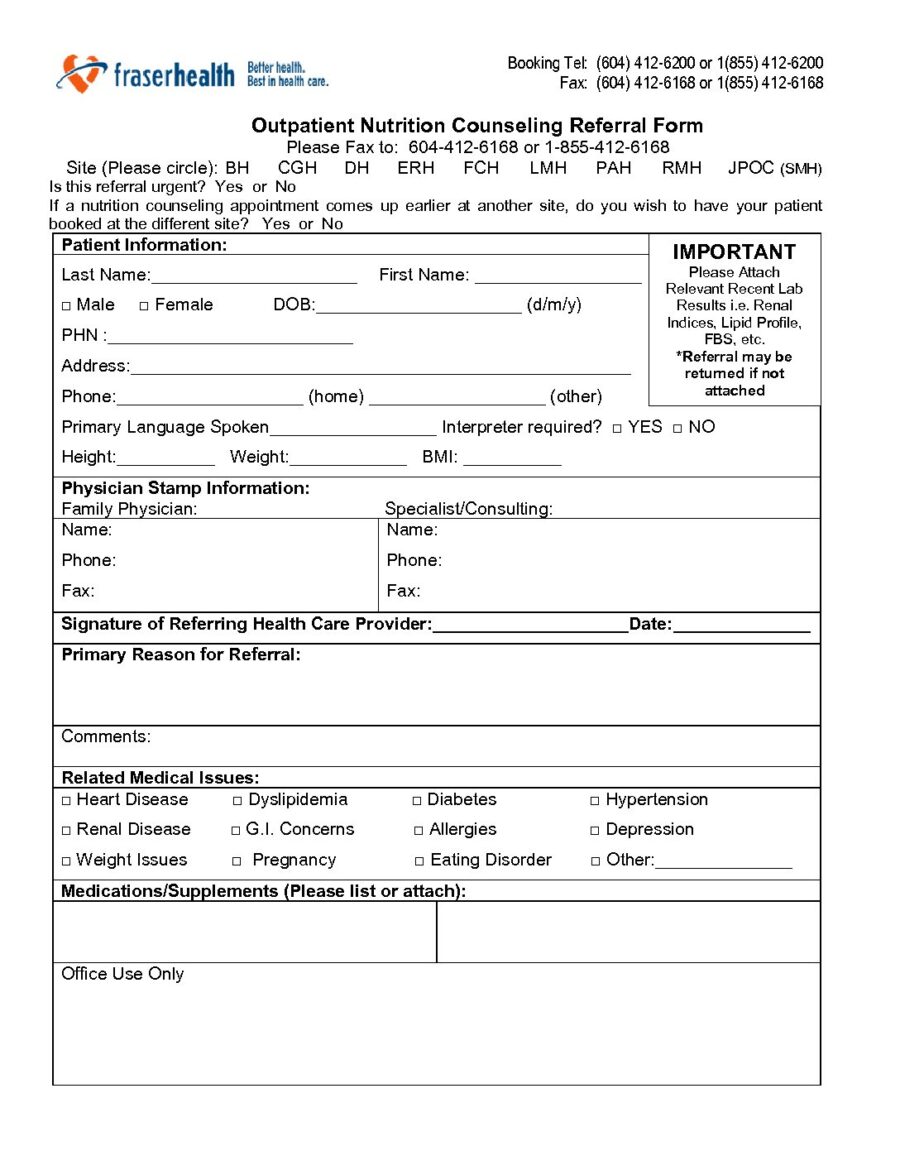 Fraser Health Outpatient Nutrition Counseling Referral Form