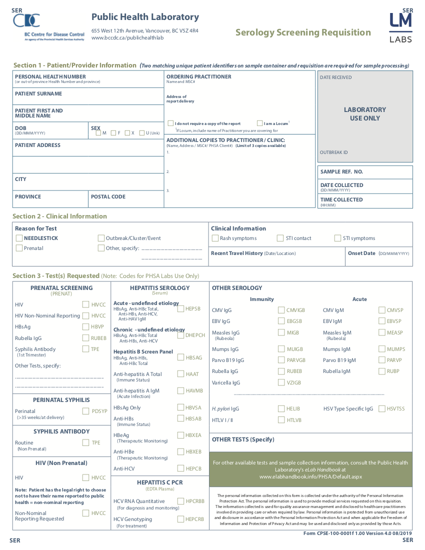 BC CDC (Centre for Disease Control) Serology Form updated 2019