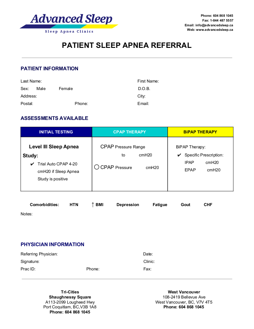 Advanced Sleep - PATIENT SLEEP APNEA REFERRAL