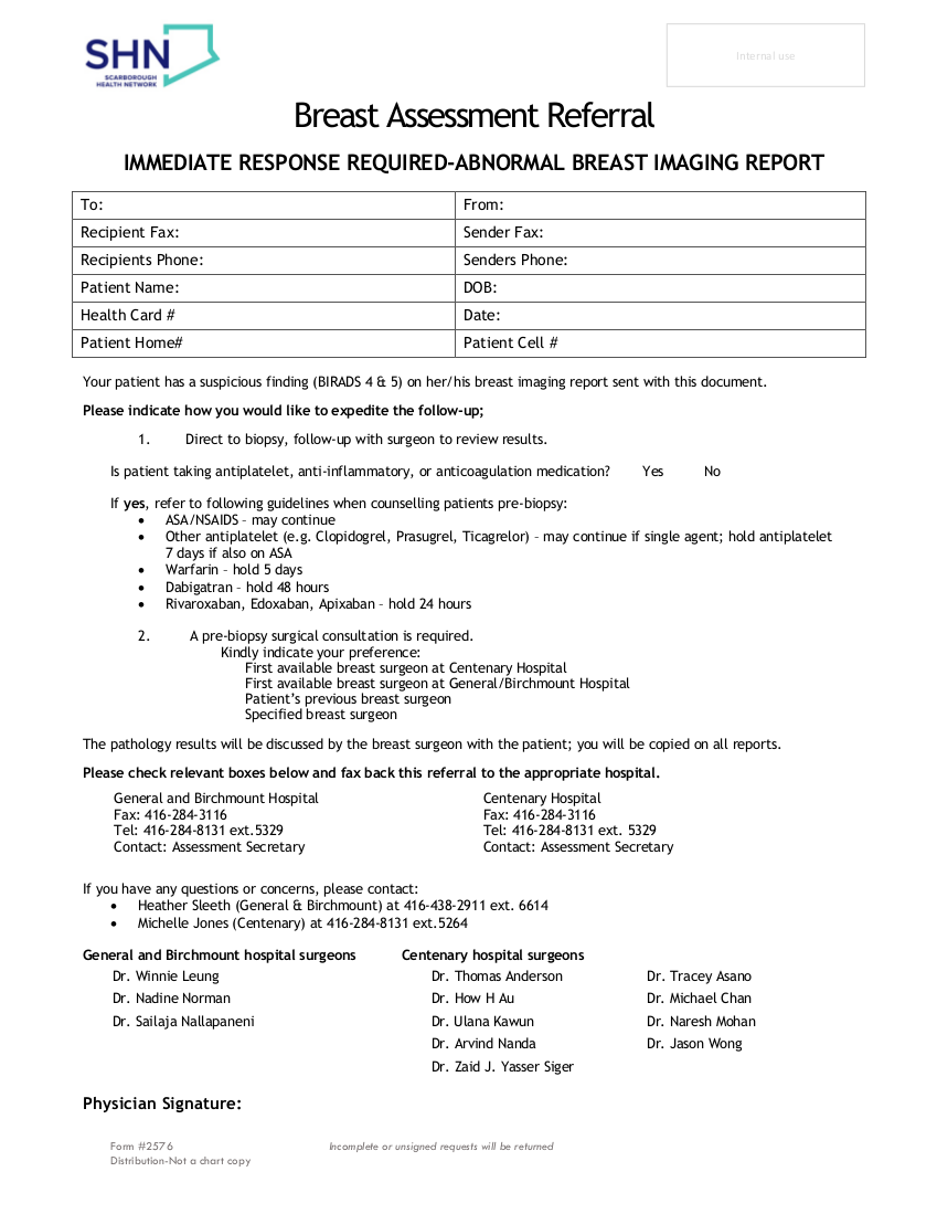 Scarborough Health Network ( SHN ) Immediate Response Breast Imaging