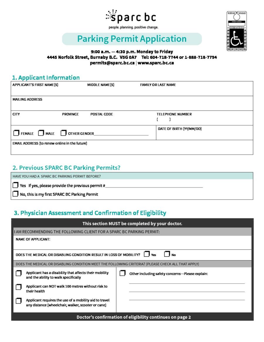 SPARC parking permit application for mobility impairment 2020