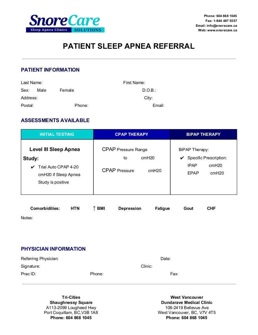 Snore Care Patient Sleep Apnea Referral 2019