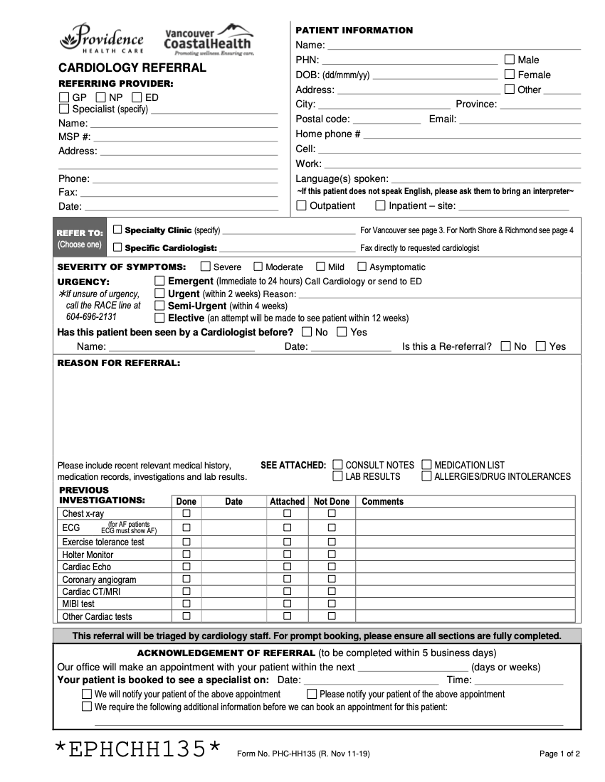 VCH and Providence Health Care Cardiology Referral form 2019