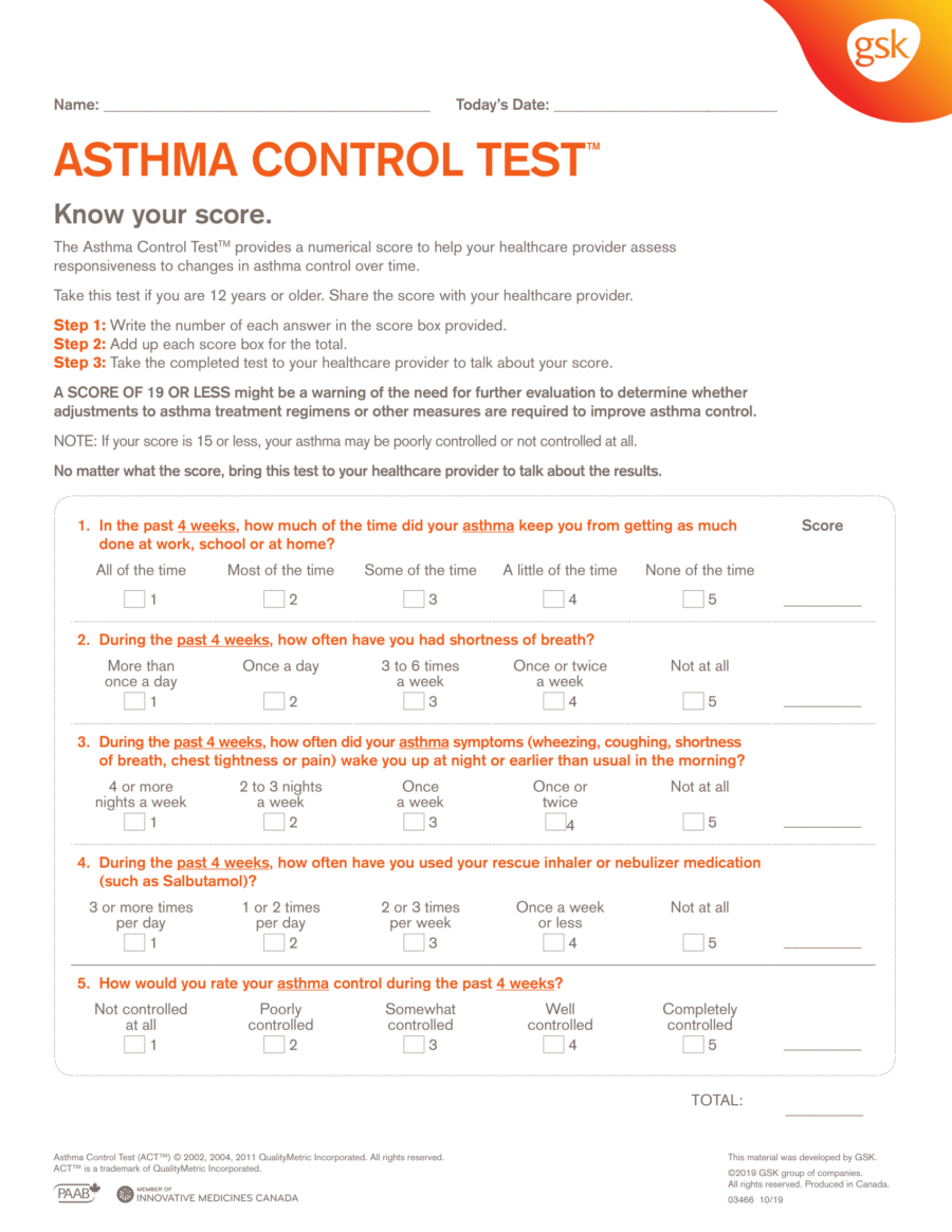 Asthma Control Test Score Sheet - English