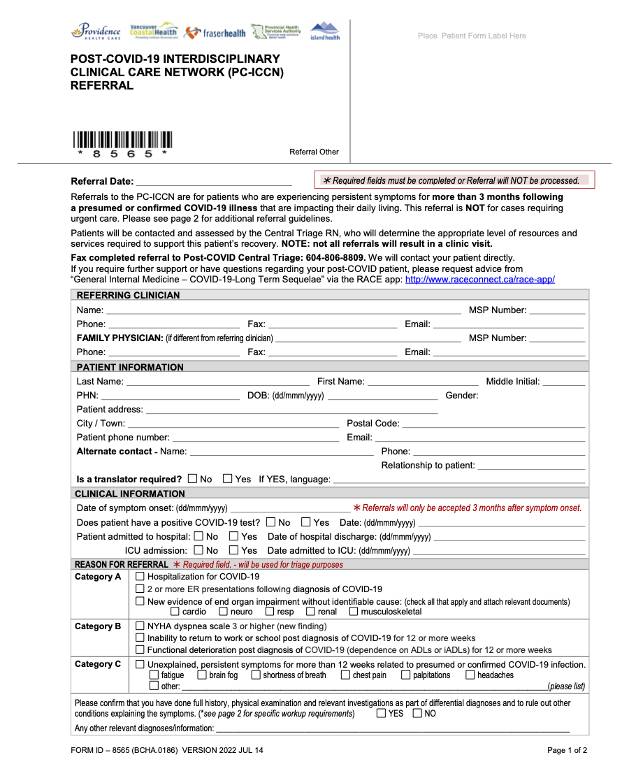 POST-COVID-19 INTERDISCIPLINARY CLINICAL CARE NETWORK REFERRAL 2022