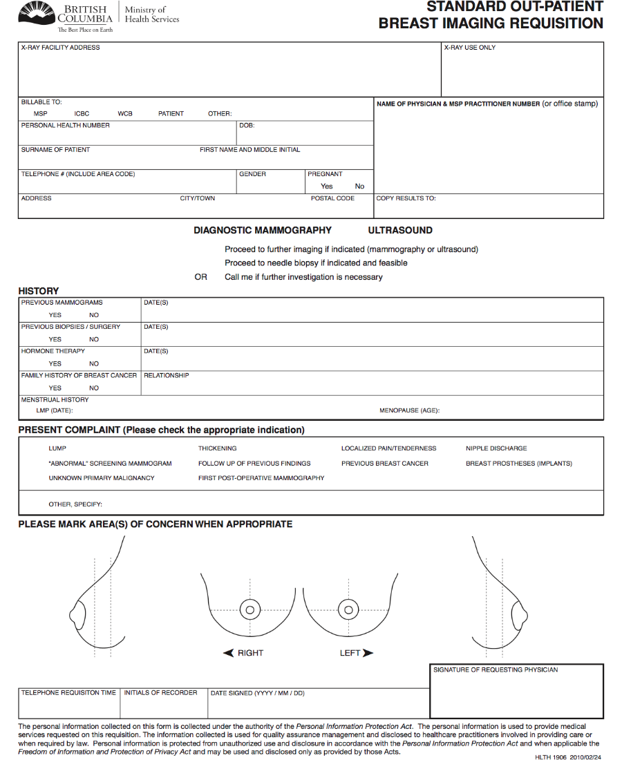 BC Standard Out-Patient Breast imaging Requisition