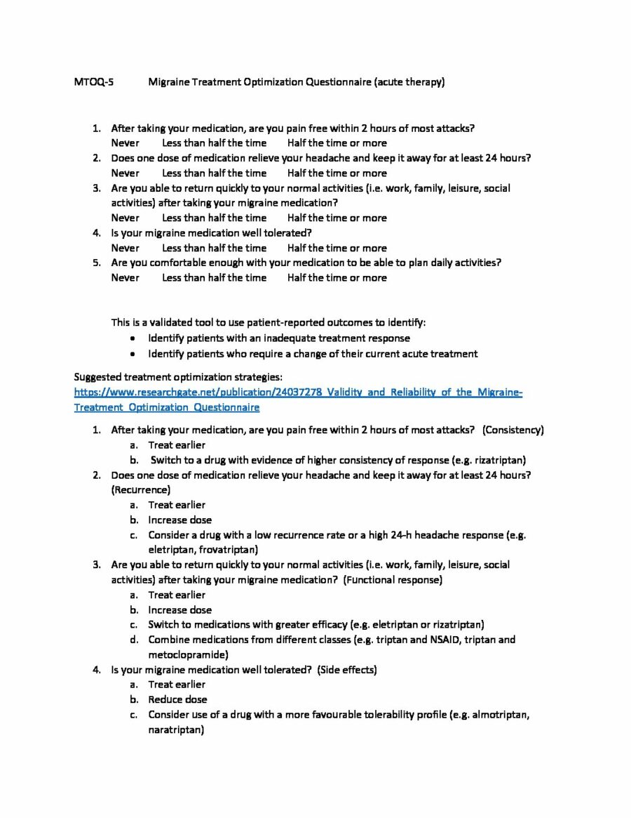 MTOQ-5	Migraine Treatment Optimization Questionnaire (acute therapy)