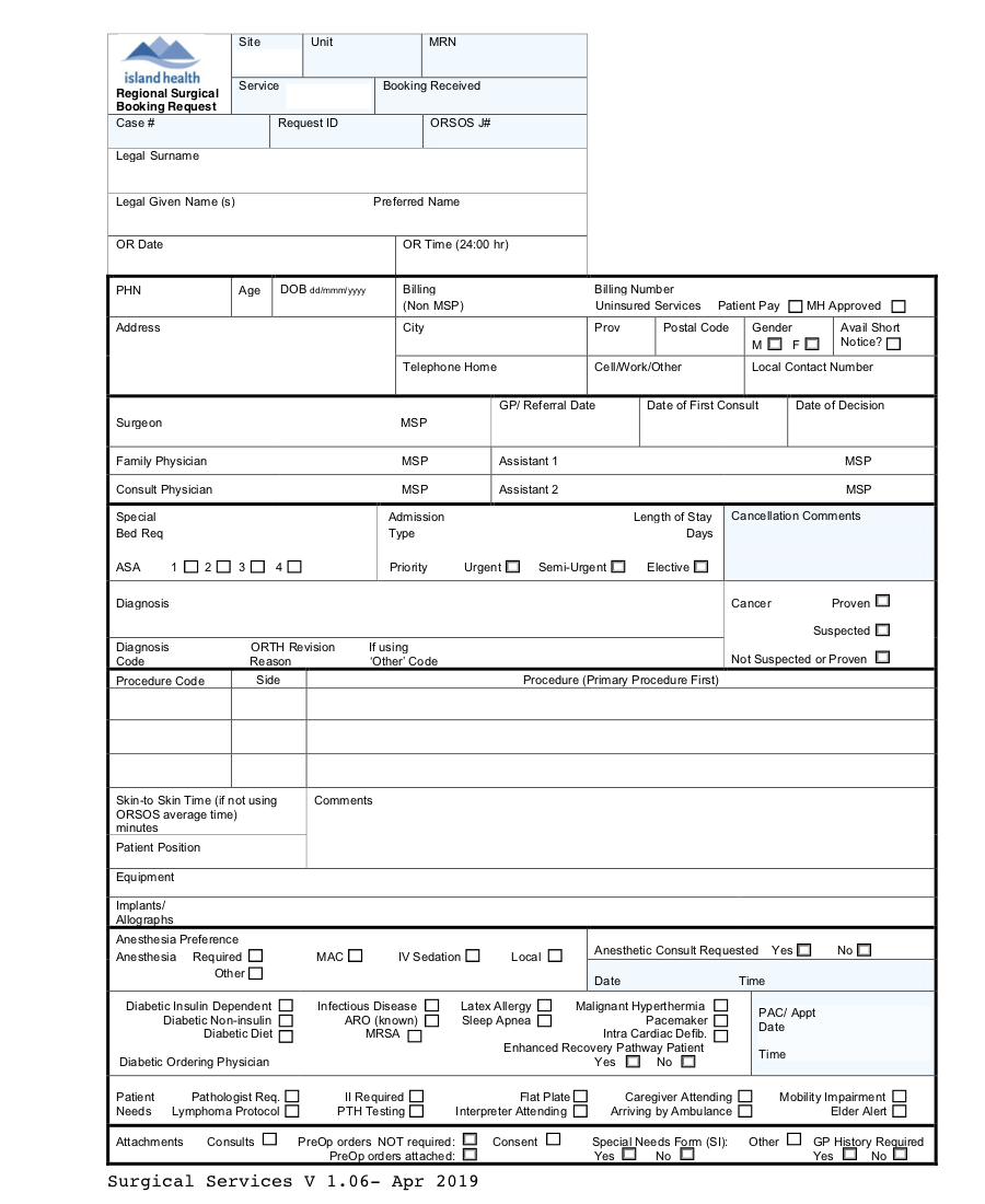 Vancouver Island Health Authority Surgical Booking form 2019