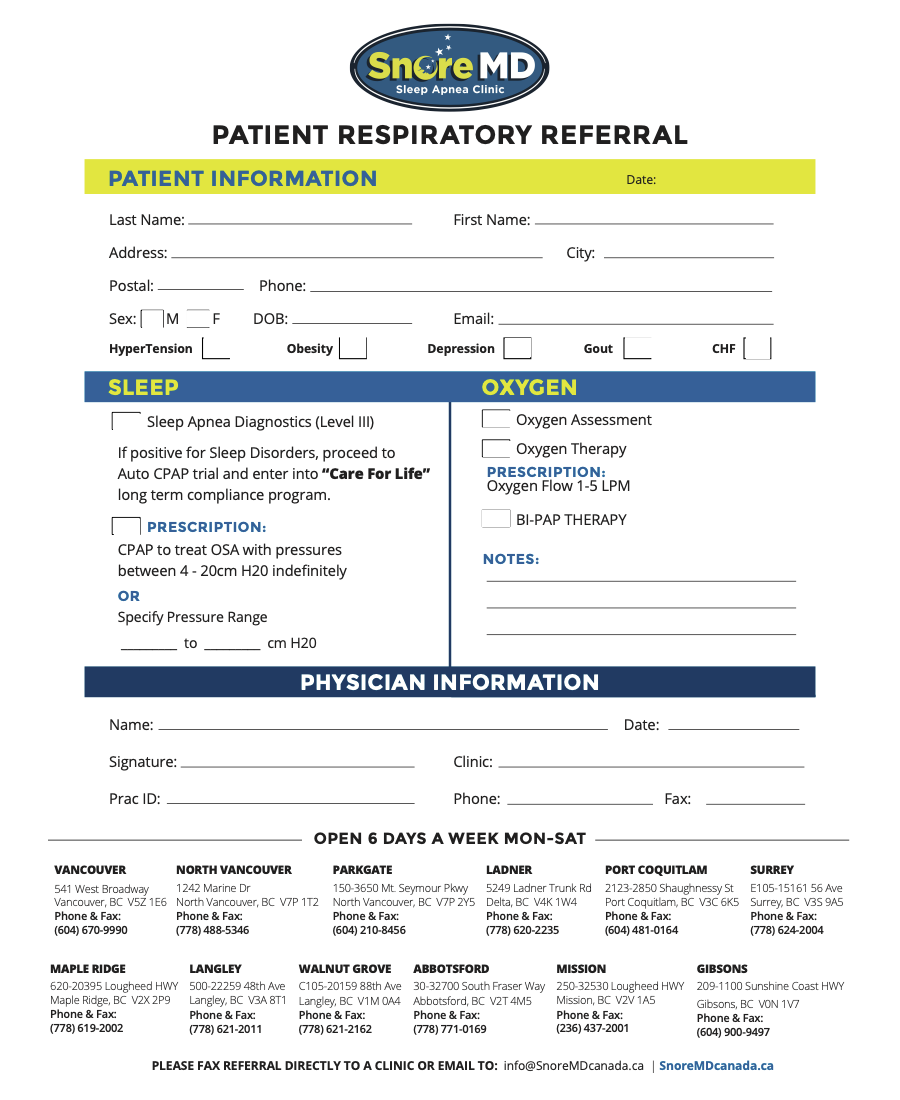 Snore MD Sleep Apnea home oxygen referral eForm 2020 Vancouver and Victoria