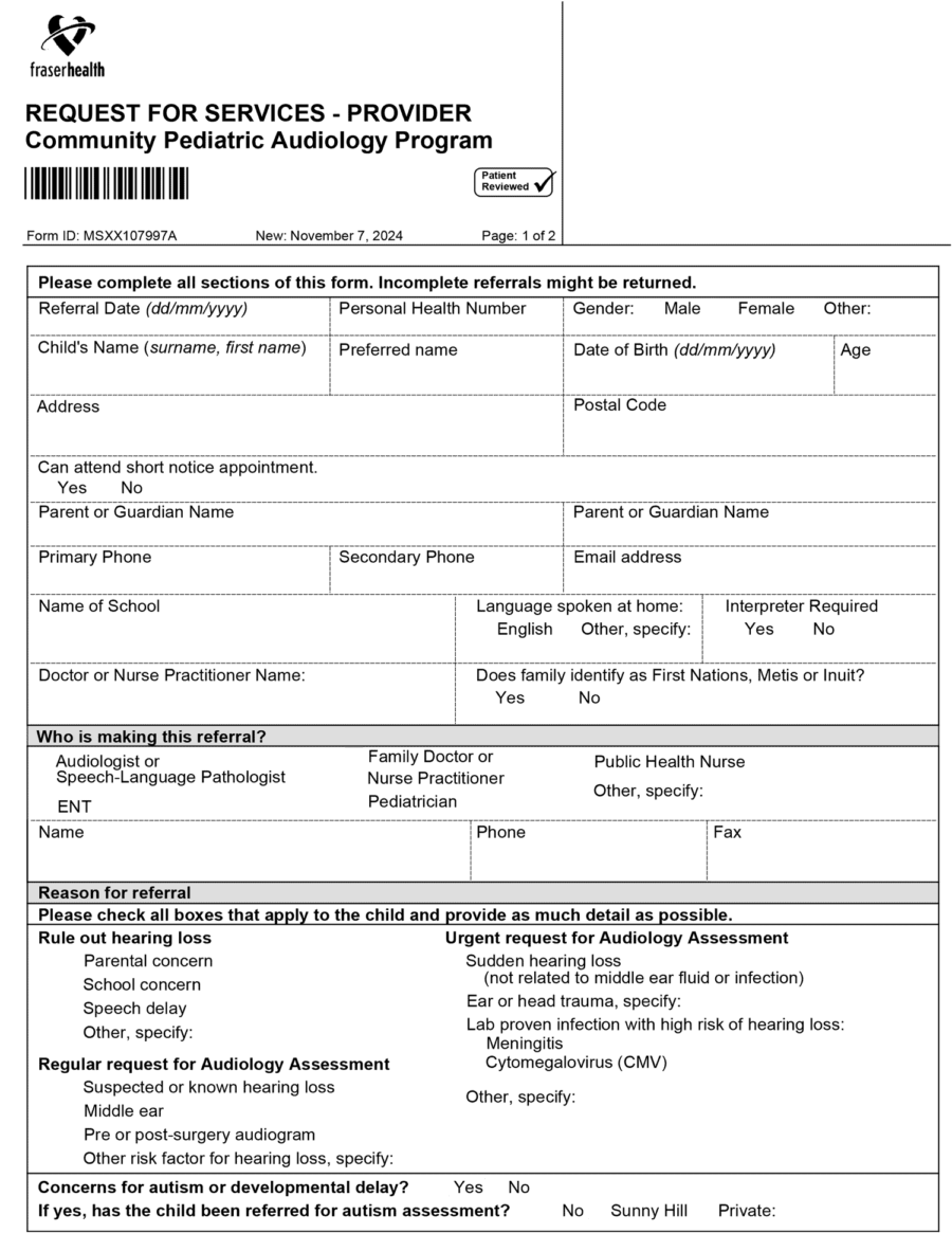 Fraser Health Community Pediatric Audiology and Speech-Language Program Request for Services 2017