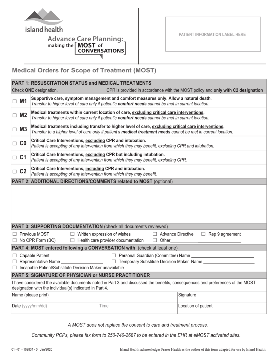 Vancouver Island Health Medical Orders for Scope of Treatment ( MOST ) eForm